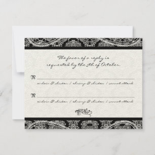 Monogram Zwart Damast Wedding Response RSVP Kaartje