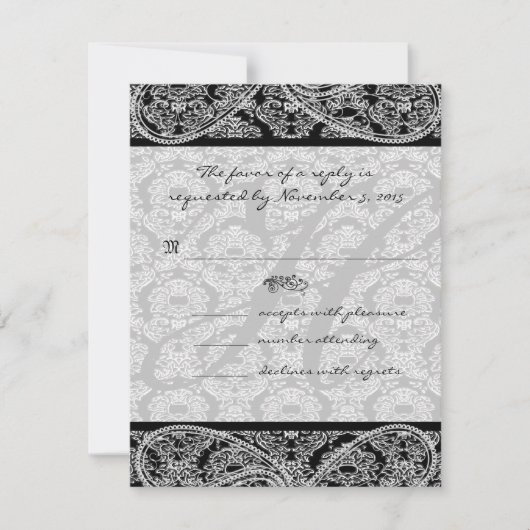 Monogram Zwart Damast Wedding Response RSVP Kaartje (Voorkant)