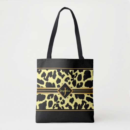 Monogram zwart dier afdrukken Faux Gold op GEEL Tote Bag (Voorkant)