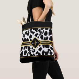 Monogram zwart dier afdrukken Faux Gold op wit Tote Bag