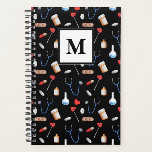 Monogram zwart Doctor Nurse Equipment Pattern Planner (Voorkant)