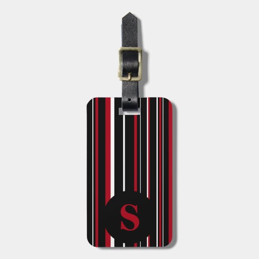 Monogram Zwart Donkerrood Barcode Cirkelstreep Bagagelabel (Voorkant verticaal)