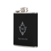 Monogram Zwart Elegant Crest Grijs Naam Heupfles (Links)