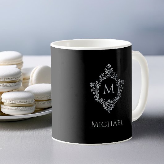 Monogram Zwart Elegant Crest Initiaal Naam Koffiemok
