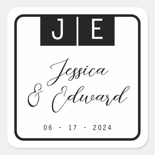 Monogram Zwart Elegant Script Koppel Naam Modern Vierkante Sticker (Voorkant)