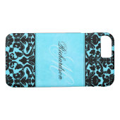Monogram zwart en Blue Damask iPhone 7 Hoesje (Achterkant (Horizontaal))