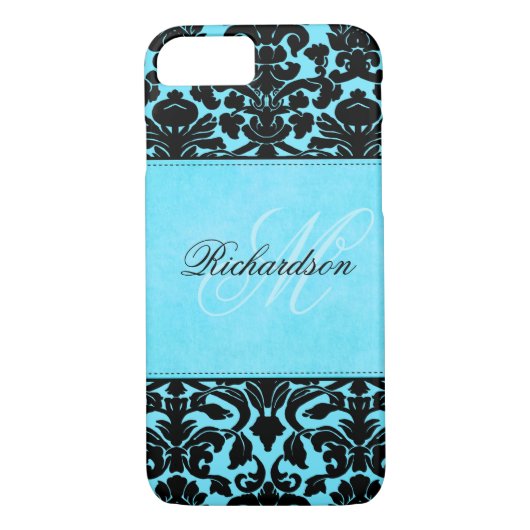Monogram zwart en Blue Damask iPhone 7 Hoesje (Achterkant)