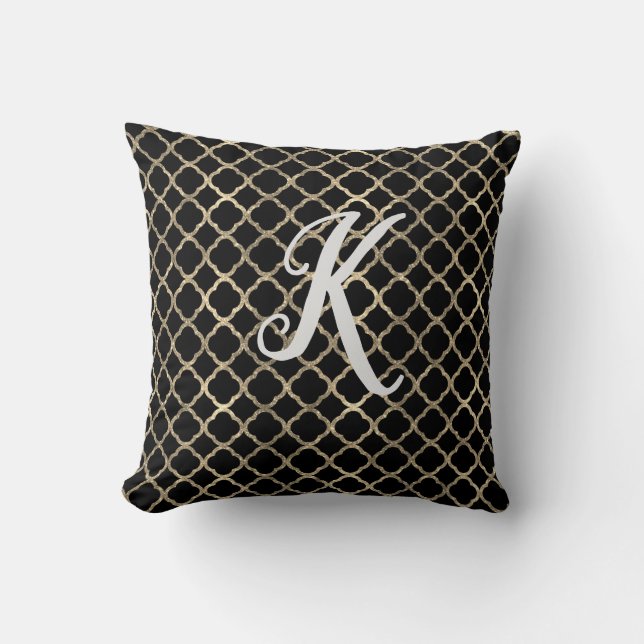 Monogram Zwart en Goud Glitter Quatrefoil Kussen (Voorkant)
