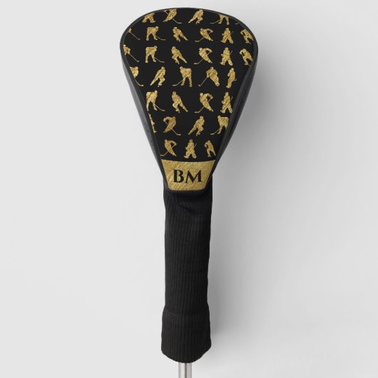 Monogram zwart en goud hockey thema golfheadcover (Voorkant)