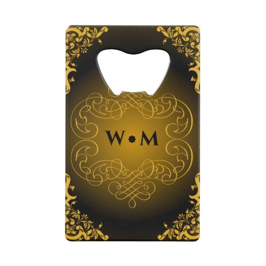 Monogram zwart en goud met decoratieve elementen creditkaart flessenopener (Voorkant)