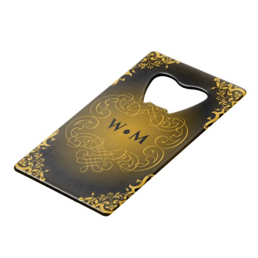 Monogram zwart en goud met decoratieve elementen creditkaart flessenopener (Voorkant Gekanteld)