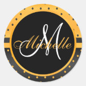 Monogram Zwart en Gouden Gele Polka Dots Ronde Sticker (Voorkant)