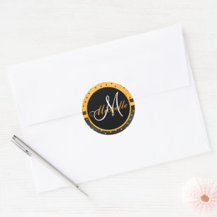 Monogram Zwart en Gouden Gele Polka Dots Ronde Sticker