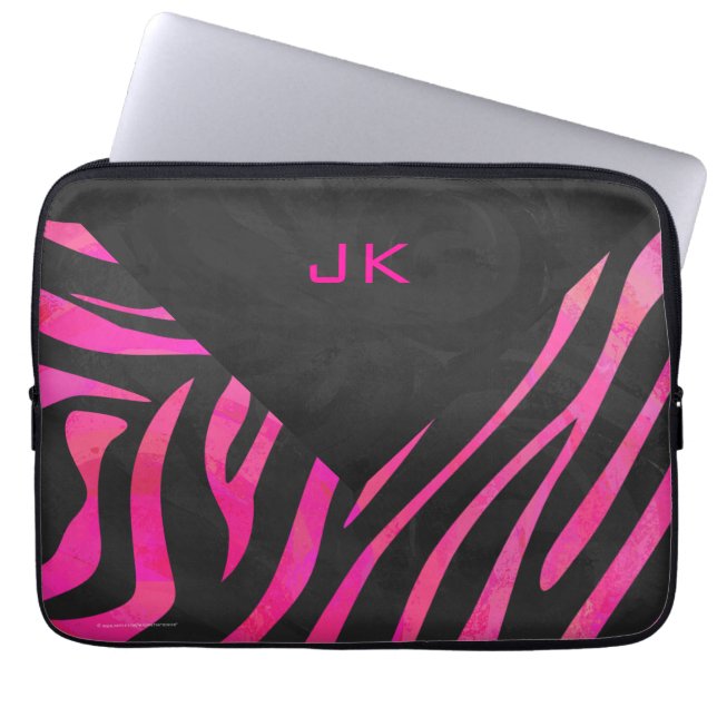 Monogram zwart en heet roze zebra ontwerp laptop sleeve (Voorkant)