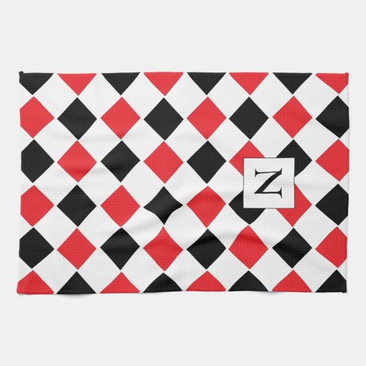 Monogram zwart en rood patroon theedoek (Horizontaal)