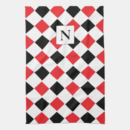Monogram zwart en rood patroon theedoek (Verticaal)