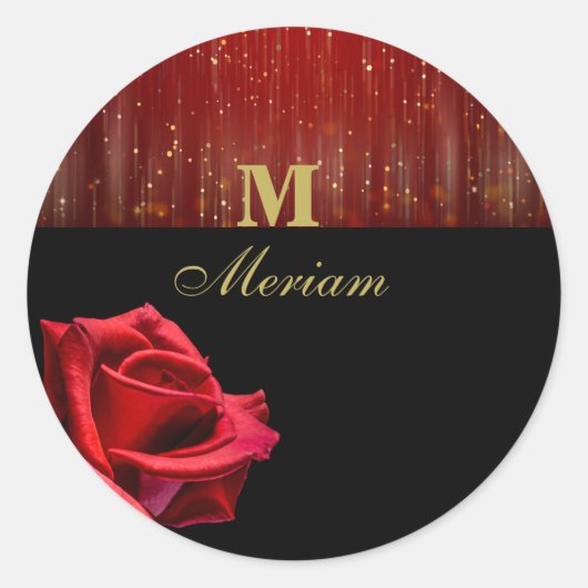 Monogram Zwart en Rood Rose Ronde Sticker (Voorkant)