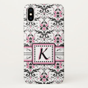 Monogram zwart en roze Damask iPhone X Hoesje