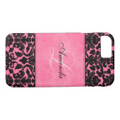Monogram zwart en roze Damask iPhone 7 Hoesje (Achterkant (Horizontaal))
