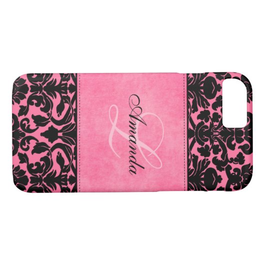 Monogram zwart en roze Damask iPhone 7 Hoesje (Achterkant (Horizontaal))