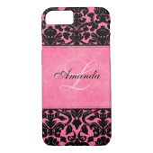 Monogram zwart en roze Damask iPhone 7 Hoesje (Achterkant)