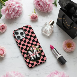 Monogram zwart en ROZE Geruite Bloem iPhone 16 Pro Max Hoesje