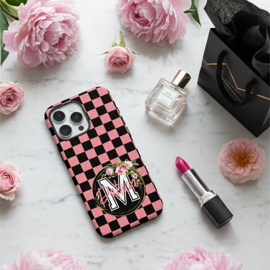 Monogram zwart en ROZE Geruite Bloem Case-Mate iPhone Case