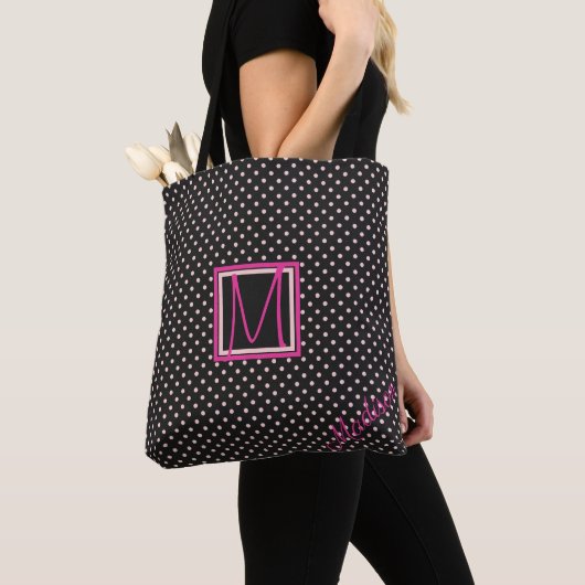 Monogram zwart en roze poka Dot Trendy Tote Bag (Dichtbij)