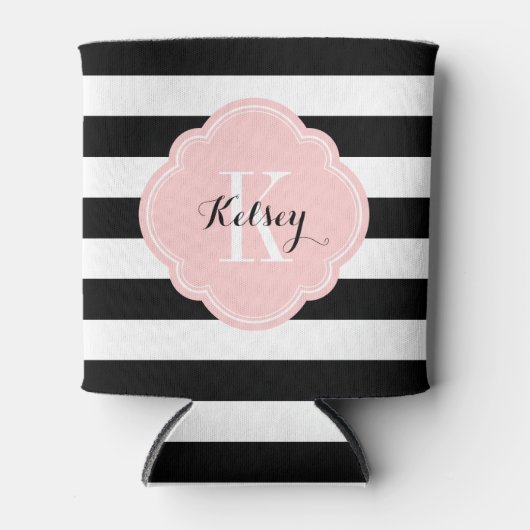 Monogram zwart en roze preppy Stripes Blikjeskoeler (Voorkant)