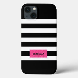Monogram zwart en roze preppy Stripes iPhone 13 Hoesje