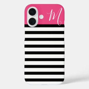 Monogram zwart en roze preppy Stripes iPhone 16 Hoesje