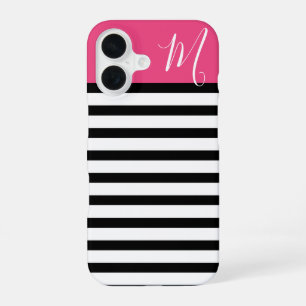 Monogram zwart en roze preppy Stripes iPhone 16 Hoesje