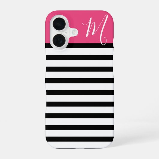 Monogram zwart en roze preppy Stripes iPhone 16 Hoesje (Achterkant)