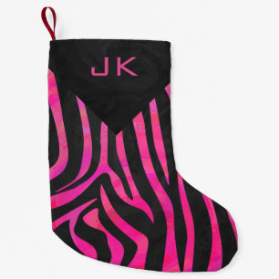 Monogram zwart en warm roze Zebra Kleine Kerstsok