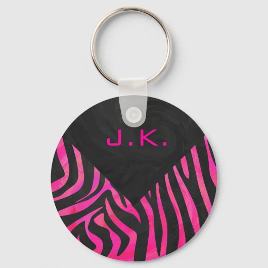 Monogram zwart en warm roze Zebra Sleutelhanger (Voorkant)