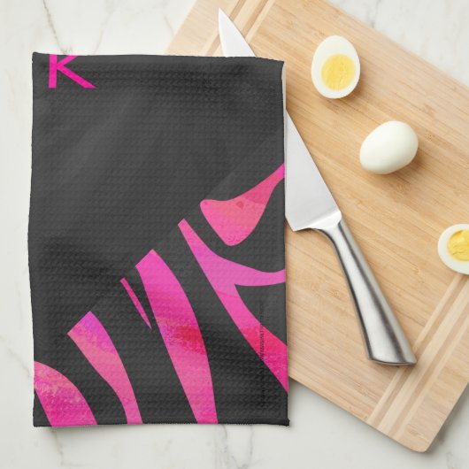 Monogram zwart en warm roze Zebra Theedoek (Quarter Fold)