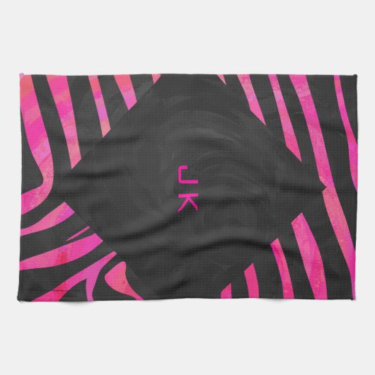 Monogram zwart en warm roze Zebra Theedoek (Horizontaal)
