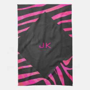 Monogram zwart en warm roze Zebra Theedoek