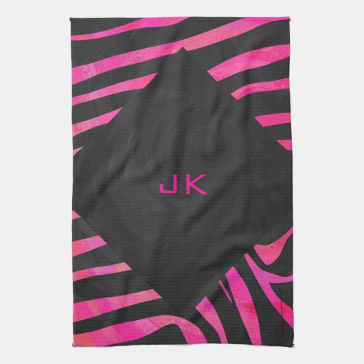 Monogram zwart en warm roze Zebra Theedoek (Verticaal)