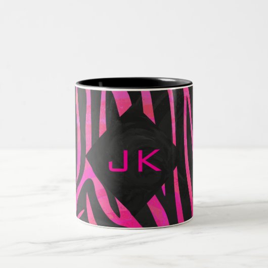 Monogram zwart en warm roze Zebra Tweekleurige Koffiemok (Center)