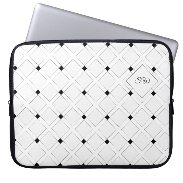 Monogram Zwart en Wit Art Deco Vierkanten Laptop Sleeve (Voorkant)