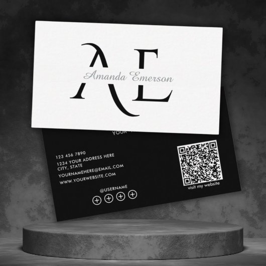 Monogram Zwart En Wit Eenvoudige Qr Code Visitekaartje