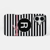 Monogram zwart en wit gestreept met string iPhone 16 hoesje (Achterkant horizontaal)