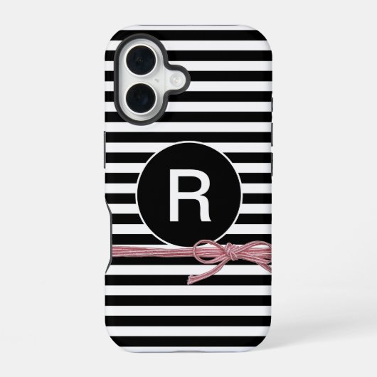 Monogram zwart en wit gestreept met string iPhone 16 hoesje (Achterkant)