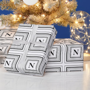 Monogram Zwart en Wit Klassiek Vierkant Cadeaupapier