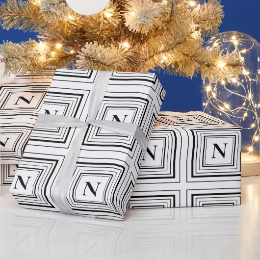 Monogram Zwart en Wit Klassiek Vierkant Cadeaupapier (Feestdagen)
