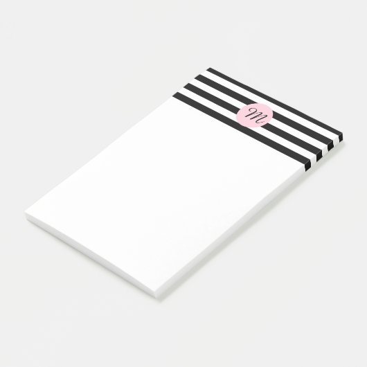 Monogram zwart en wit met roze strips post-it® notes (Schuin)
