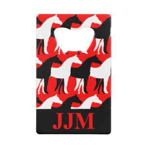 Monogram Zwart en Wit Overlappende Paarden Rood Creditkaart Flessenopener