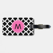 Monogram zwart en wit Quatrefoil met Hot Pink Bagagelabel (Achterkant horizontaal)