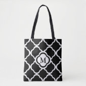 Monogram zwart en wit Quatrefoil patroon Tote Bag (Voorkant)